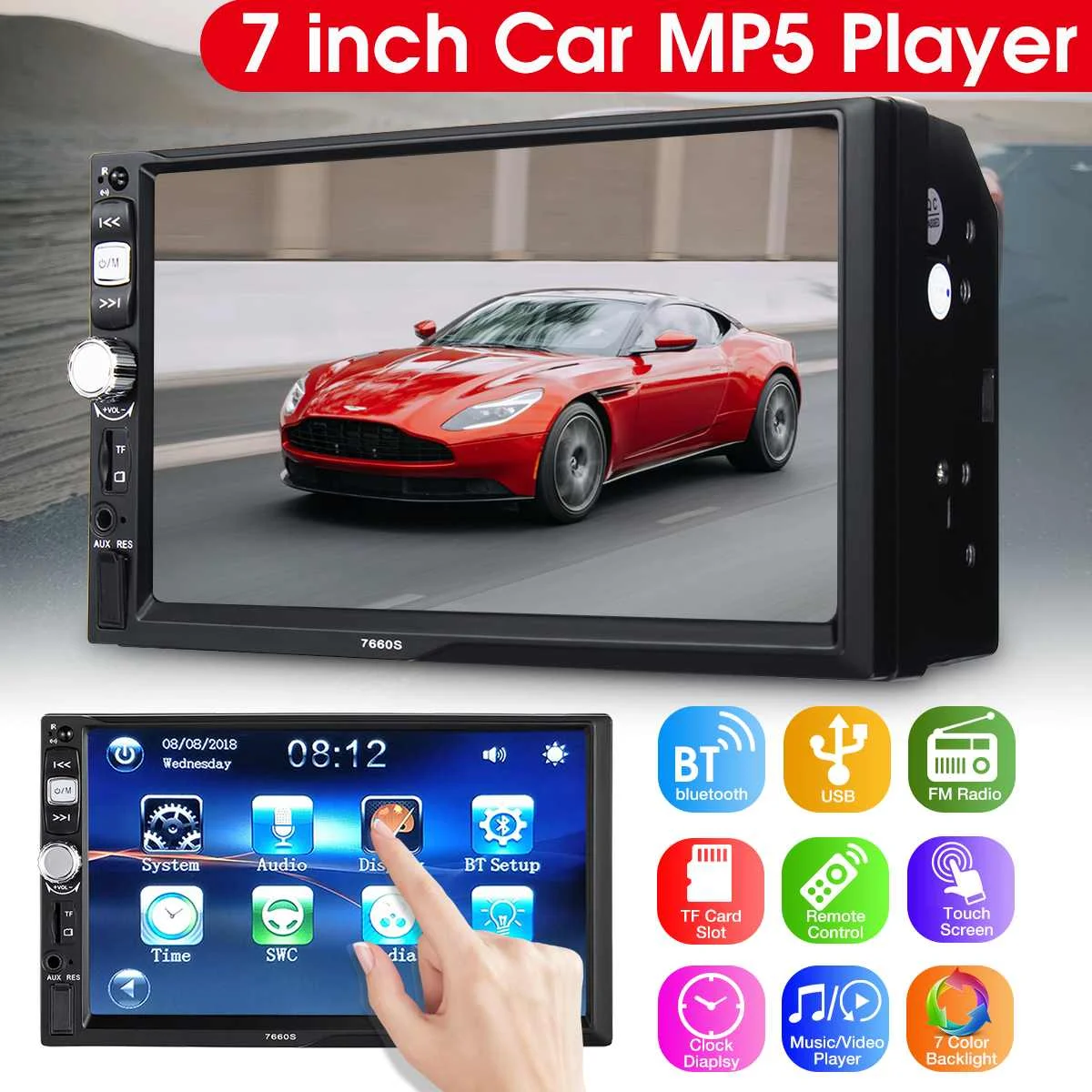 

7 inch 2 din Car mp5 Player USB bluetooth AUX Audio FM Radio Multimedia Video Player Rear View Camera with Remote Control