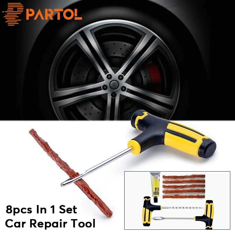 

Partol 8pcs/Set Car Repair Tool Portable Motorcycle/Car Accessories Rubber Cement Tire Plug Tubeless Tyre Puncture Repair Kit