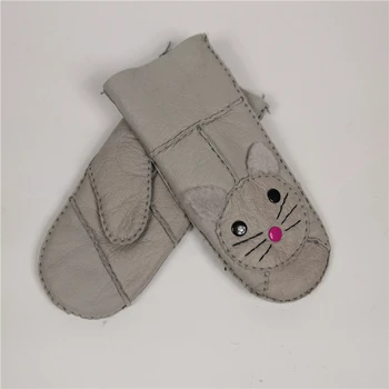 

2018 New Winter Female Warm Genuine Sheepskin Leather Fur Gloves Cute Cat Glove Mittens Wool Lining