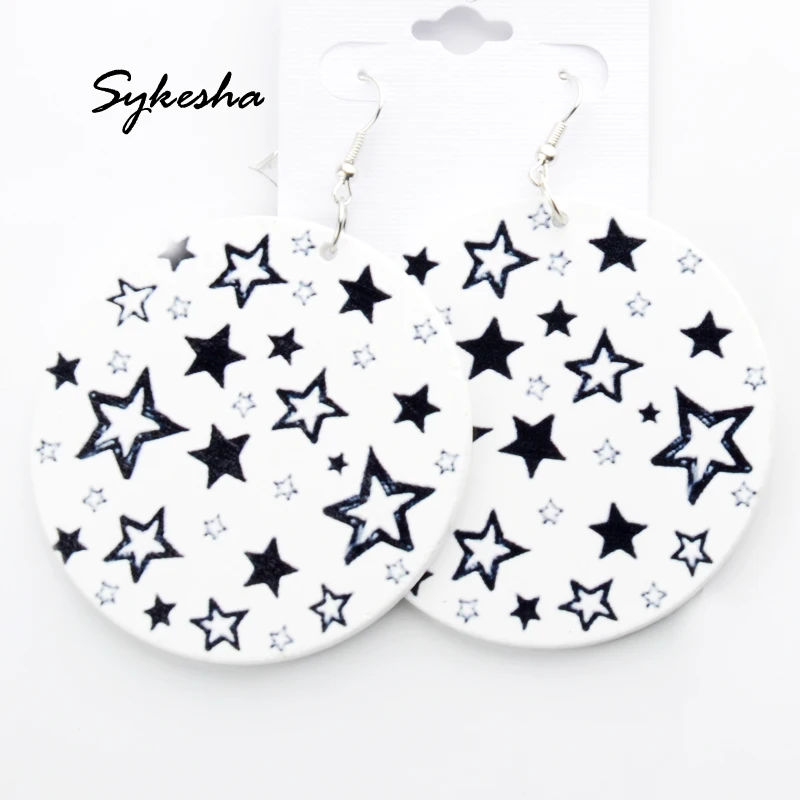 

2019 Multi Stars Printed Wood Dangle Earrings Cute Lovely Teenage Girl Printed Wooden Jewelry National Accessories