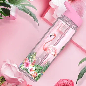 Bpa Free 750ml 100%Tritan Sports Outdoor Straw Water Bottle With Flamingos Printing My Drink Juice Handle The Unicorn Kettle 2