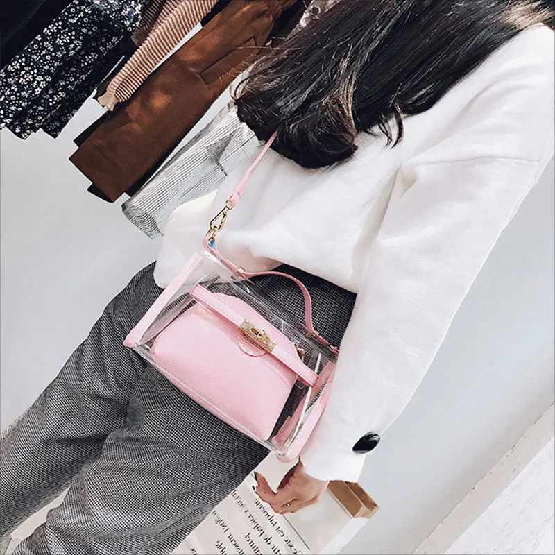 

2019 Simple Fashion Women Messenger Bags Leather Lock Catch Transparent Handbag Ladies Sweet Girls Shoulder Bag