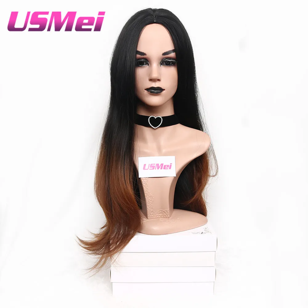 Usmei Ombre Wig Dark Roots Natural Brown Auburn Wavy Hair 30