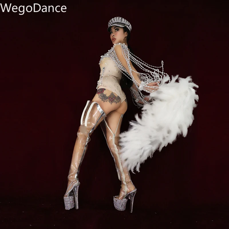 

Hot sale Women Super Pearls Rhinestones white feather Bodysuit Sexy Performance Female Singer Leotard Dance Wear Stretch Outfit