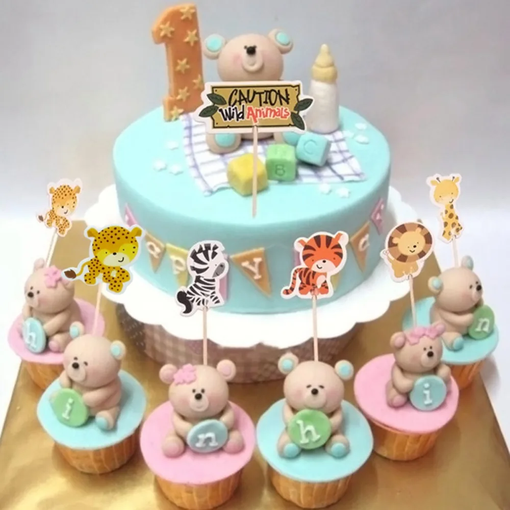 

24pcs Safari Jungle Cartoon Animal Cupcake Toppers Picks Birthday Party Decoration Kids Baby Shower Boy Favors Cupcake Toppers