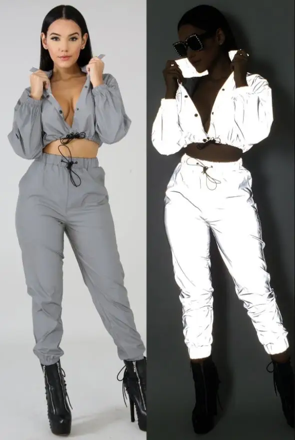 Women Sexy Reflective Tracksuit Night Version Buttons Turn Down Collar Long Sleeve Crop Top+ Casual Pants Two Piece Set