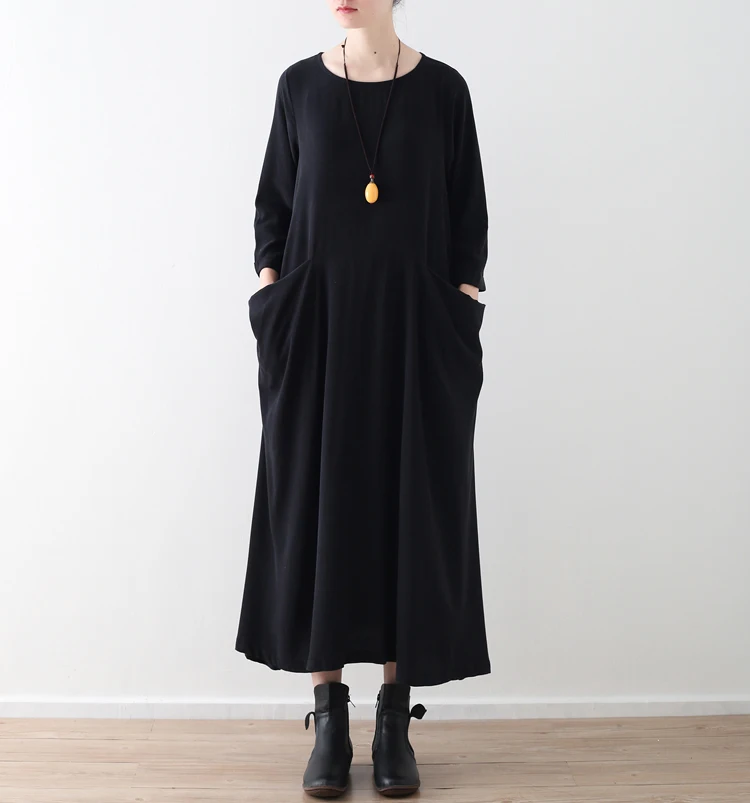 Plus Size Women Solid Black Red Dress Pockets Autumn New Casual Cotton Linen Loose O-Neck Vintage Long Sleeve Maxi Dress
