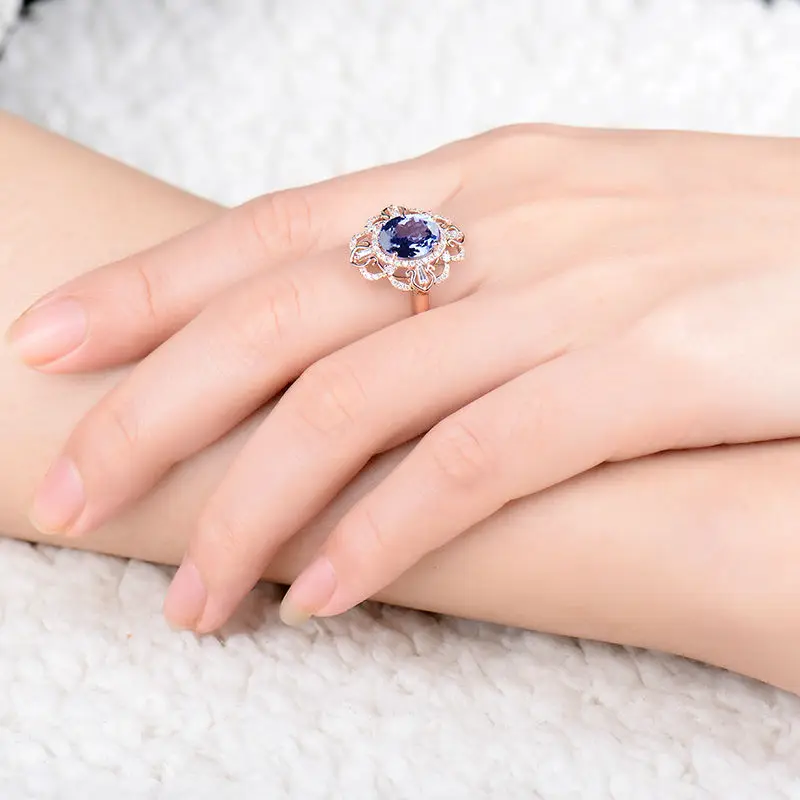 Классическая овальная Танзанит с природными алмазами 18kt Розовое Золото викторианской Обручальные кольца для Для женщин любящий ювелирные