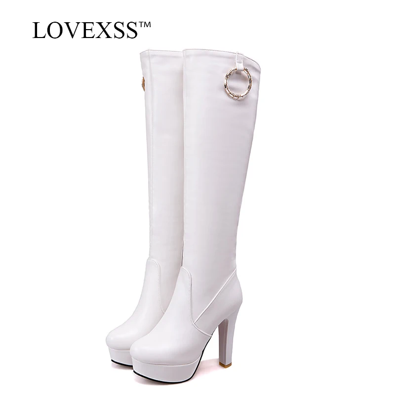

LOVEXSS Women Metal Decoration Knee High Boots Plus Size 33 43 Winter Fashion Black Knee High Boots Sexy White High Heels Shoes