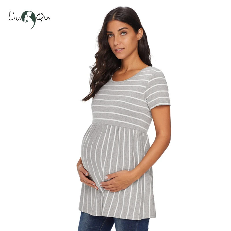 Полосатая свободная туника для беременных Топы Женская футболка одежда плюс размер оборки А-силуэт Футболка для беременных женские футболки