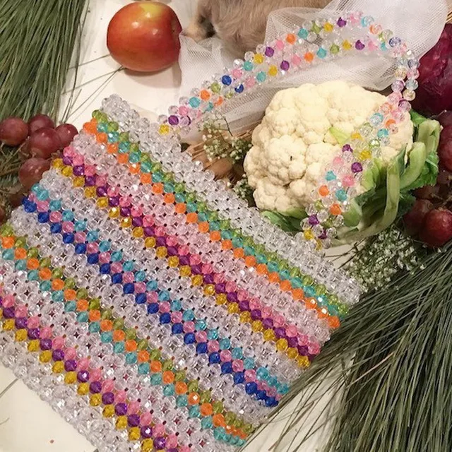 Multicolor Striped Bead Bags Lady Beaded Handbags Totes Woven Girls