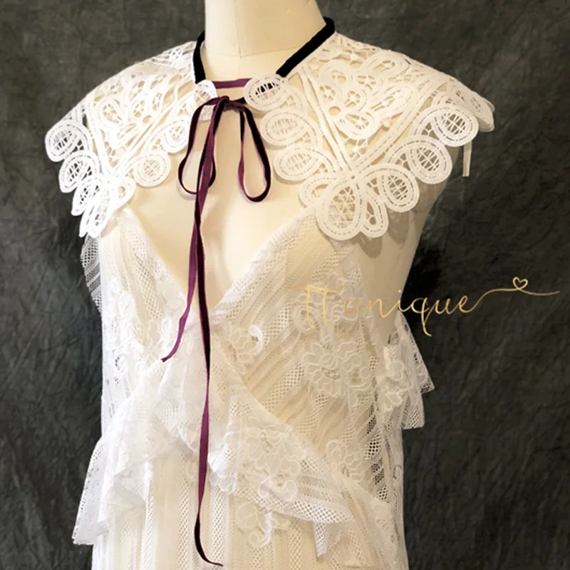 

Embroidery Cotton embroidered flowers shoulders Studio style pleated organza Purple velvet belt playful fake collar small shawl