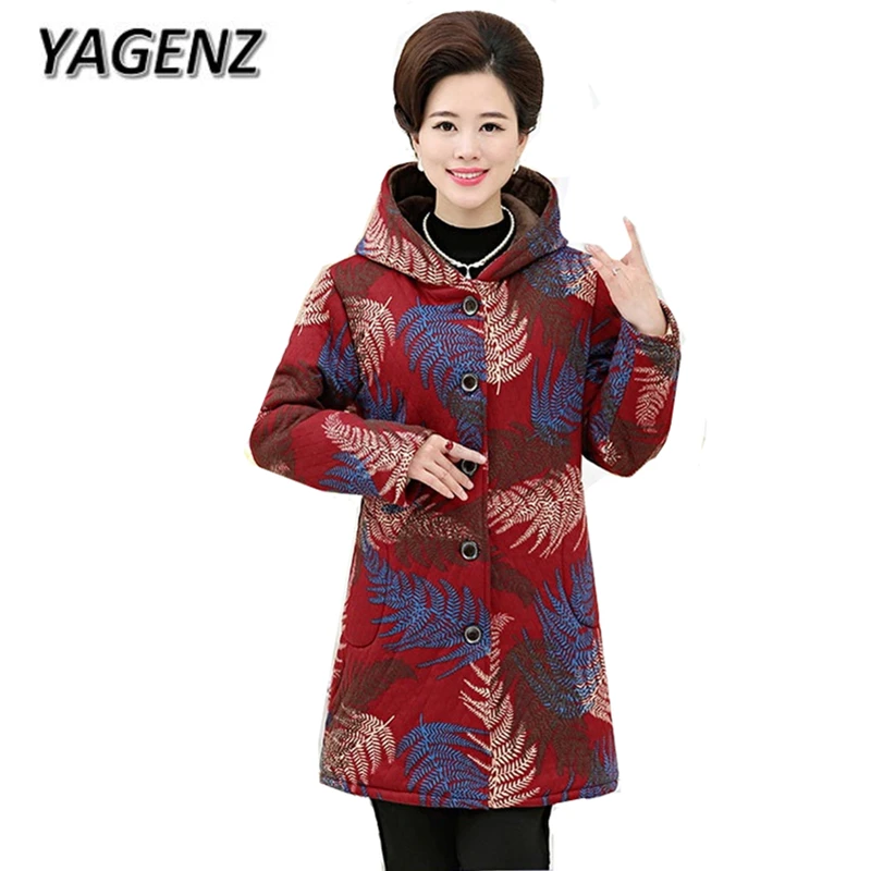 YAGENZ 5XL для женщин среднего возраста зимняя куртка с капюшоном бархатное свободное плотное хлопковое Пальто однобортное Мать Печать теплая куртка
