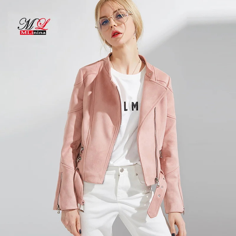MLinina Women Leather Jacket Zipper Moto Biker Short Faux Soft Suede Leather Jackets Woman Female Turn-down Collar 2018 New Coat