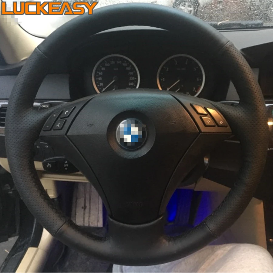Black Genuine leather Hand-stitched Car Steering Wheel Cover for BMW 525i 525 li old E60 Custom special automobile handle Black Genuine leather Hand-stitched Car Steering Wheel Cover for BMW 525i 525 li old E60 Custom special automobile handle
