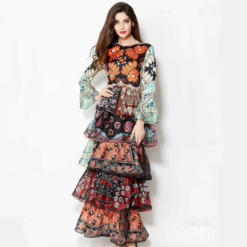 

Long Dress New European American Vintage Floor-Length Layered Flare Sleeve Elegant Vintage Quality Print Dress