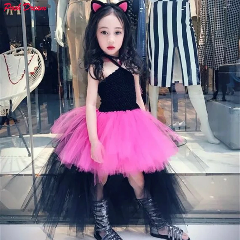 

POSH DREAM Black and Hot Pink Girls Dress with Cat Ears Headband Knee Handmade Tulle Kids Tutu Dress for Party Girls Clothes
