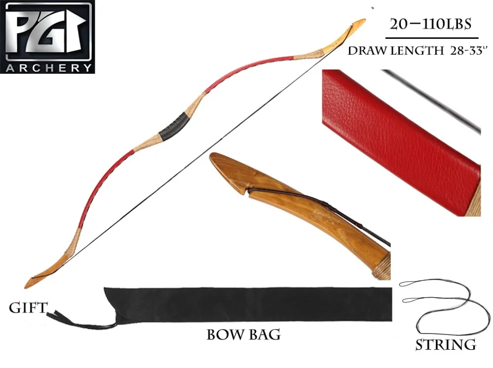 

PG1ARCHERY HandMade Hungary Traditional Archery Horsebow Red Longbow with Bow Bag 20-110lbs Hunting Longbow