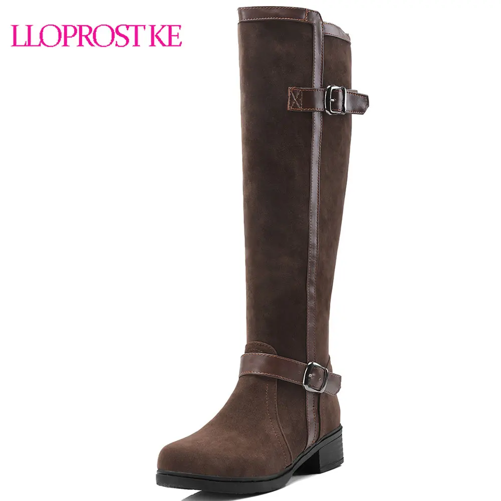

Lloprost ke 2018 Fashion Block Med Heels Riding Knight Boots Autumn Ladies Brown Black Knee High Boots Shoes Big Size Footwear