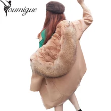 YOUMIGUE 2017 New Winter Parka Wool Cashmere Coat Women Fur Jacket Overcoat Collar Hooded Rex Rabbit Fur liner Female outwear