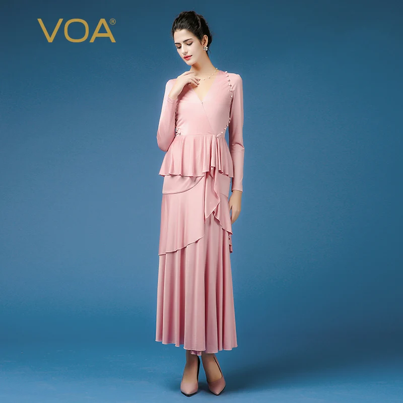 VOA 2017 Herfst Plus Size Lange Mouwen Roze Sexy Slanke V-hals Zijden Jurk Knit Solid Vintage Elegante Ruches Vrouwen maxi Jurk A7321 VOA 2017 Herfst Plus Size Lange Mouwen Roze Sexy Slanke V-hals Zijden Jurk Knit Solid Vintage Elegante Ruches Vrouwen maxi Jurk A7321
