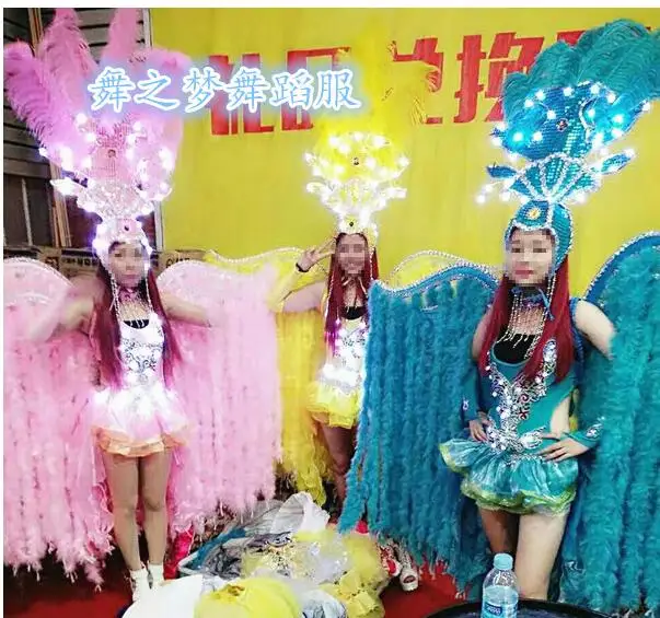 Мода г. для пения, танцев Показать женские пикантные, декорированной крыльями из перьев костюм Косплэй Самба Танцевальный костюм преувеличенный перья