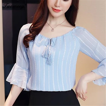 

New 2018 Summer Lady Solid White Flare Half Sleeve Tops Blusas Sweet Fashion Chiffon Women Blouses Shirts Elegant Office