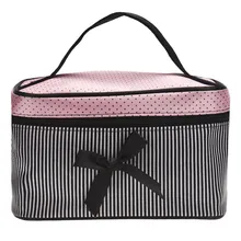 Portable Make up Bags Women 2016 Hot Sale Square Bow Stripe Travel Cosmetic Bag Toiletry Case