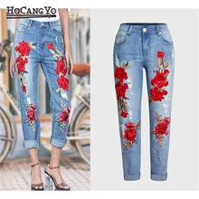 Женские джинсы с вышивкой, высокая талия, эластичные свободные джинсы, вышитые рваные джинсы для женщин, хлопковые джинсовые брюки, плюс размер 3XL