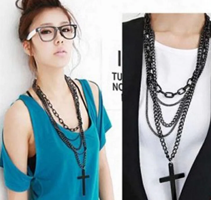 

New Fashion Vintage Jewelry Long Black Multilayer Chain Tassels Retro Cross Pendants Necklaces Sweater Chain Necklaces For Women