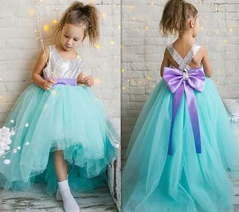 

New Design High Low Girls Pageant Gowns with Sparkly Sequins Flower Girl Dresses for Wedding with Bow Criss-Cross Back Vestidos