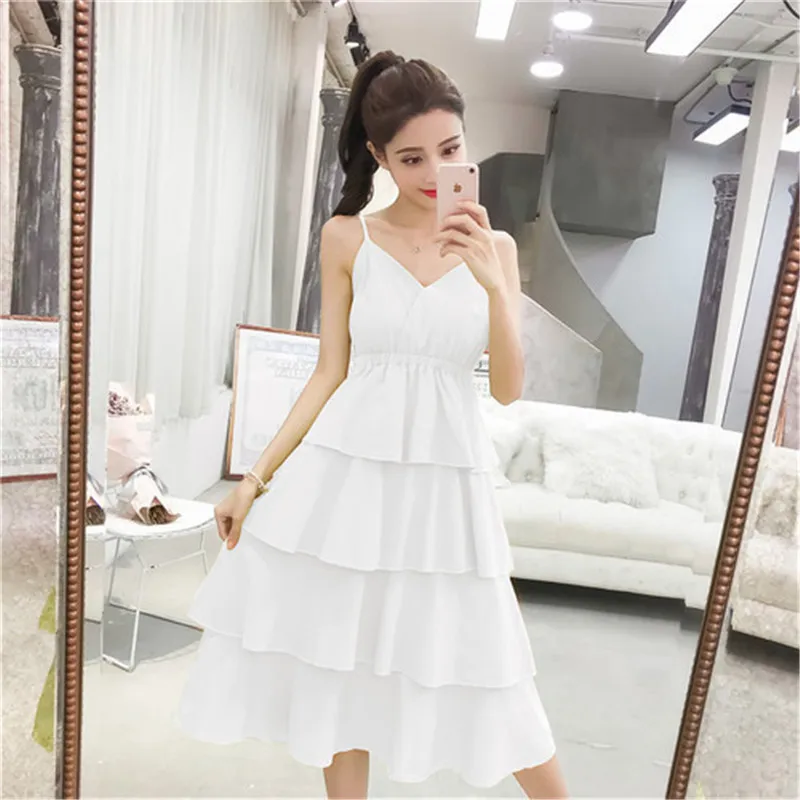 

Women Dress Short Sleeve Vintage All Match Casual 2018 Spring Summer Sweet Slim Laye Cake Dress Candy colors Sling Sexy Dress
