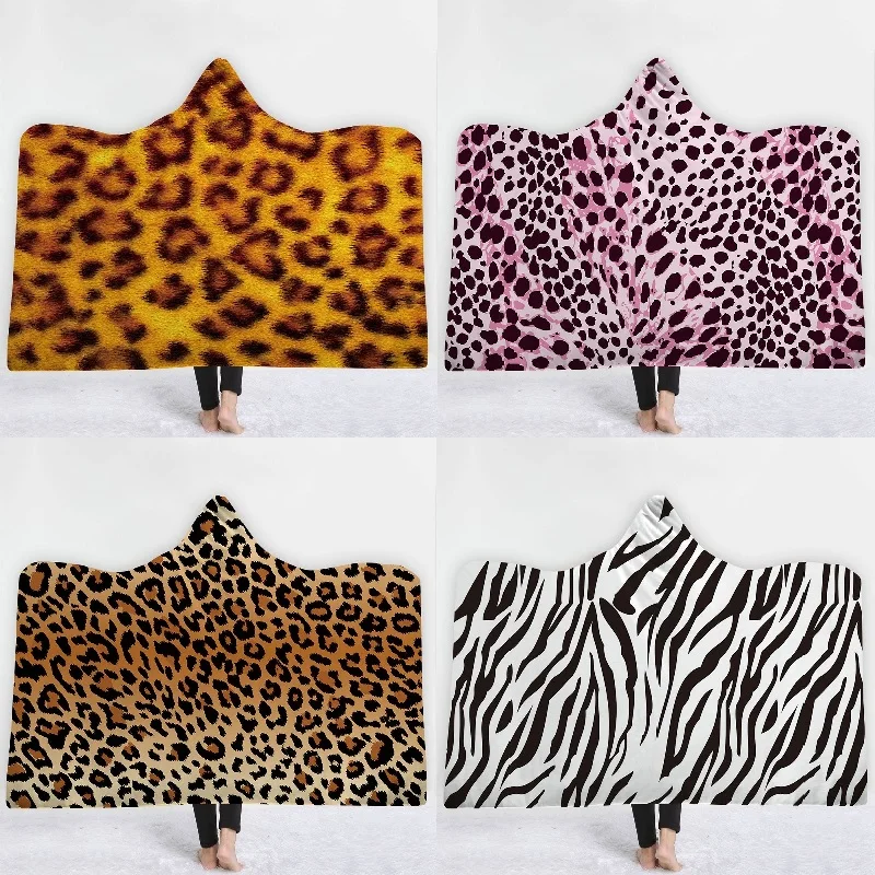 Hooded Blanket Leopard Printed 150*200cm Fleece Blanket Warm Soft Plush