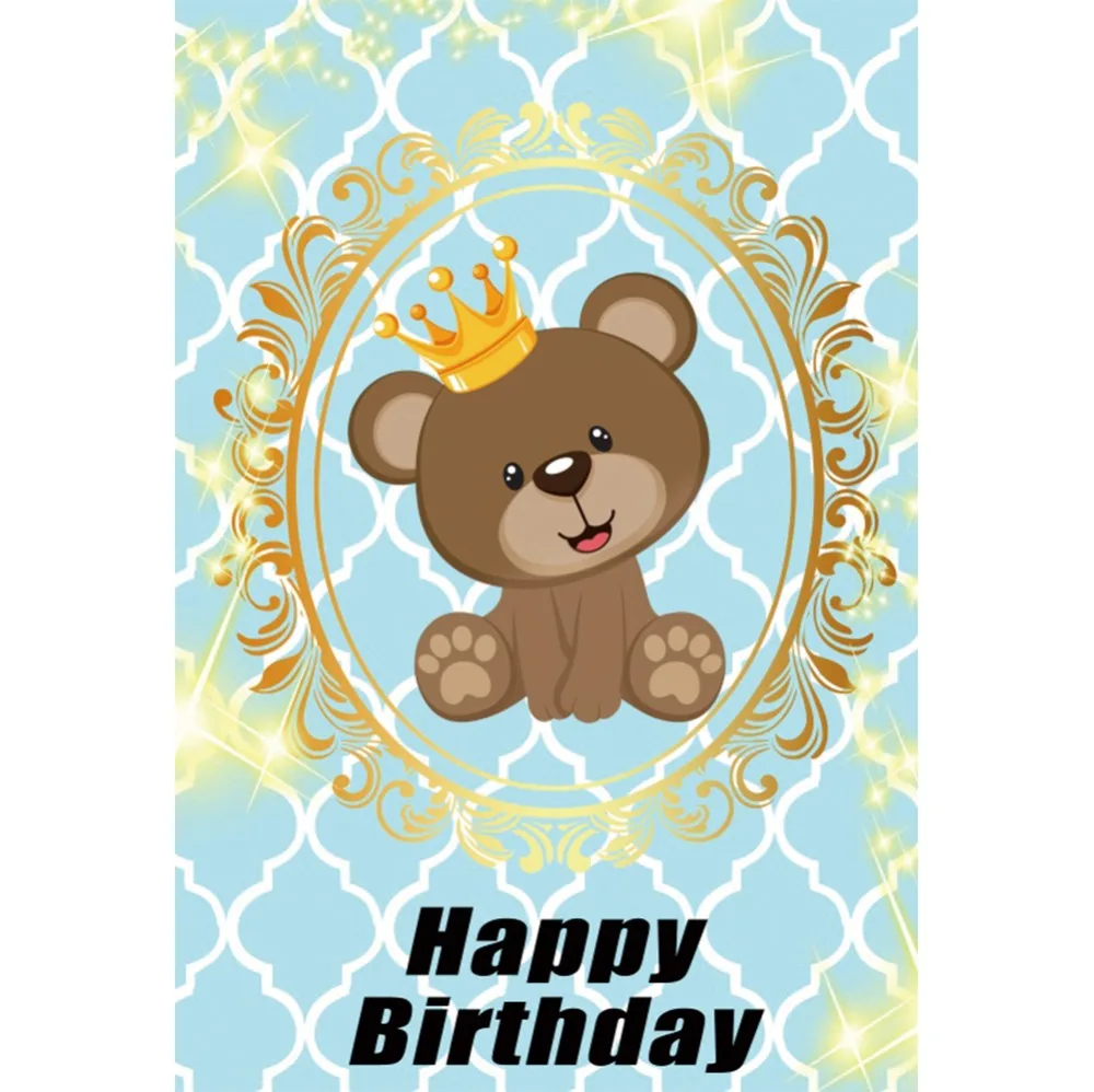 Laeacco Happy Birthday Crown Bear Golden Border Baby Cartoon Scene Photographic Background Photography Backdrop For Photo Studio