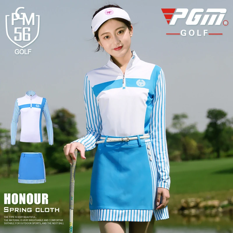 Pgm Women Striped Golf Shirt Half Zipper Long Sleeve Slimming Shirts Ladies Breathable Quick-Dry Golf Apparel AA60471