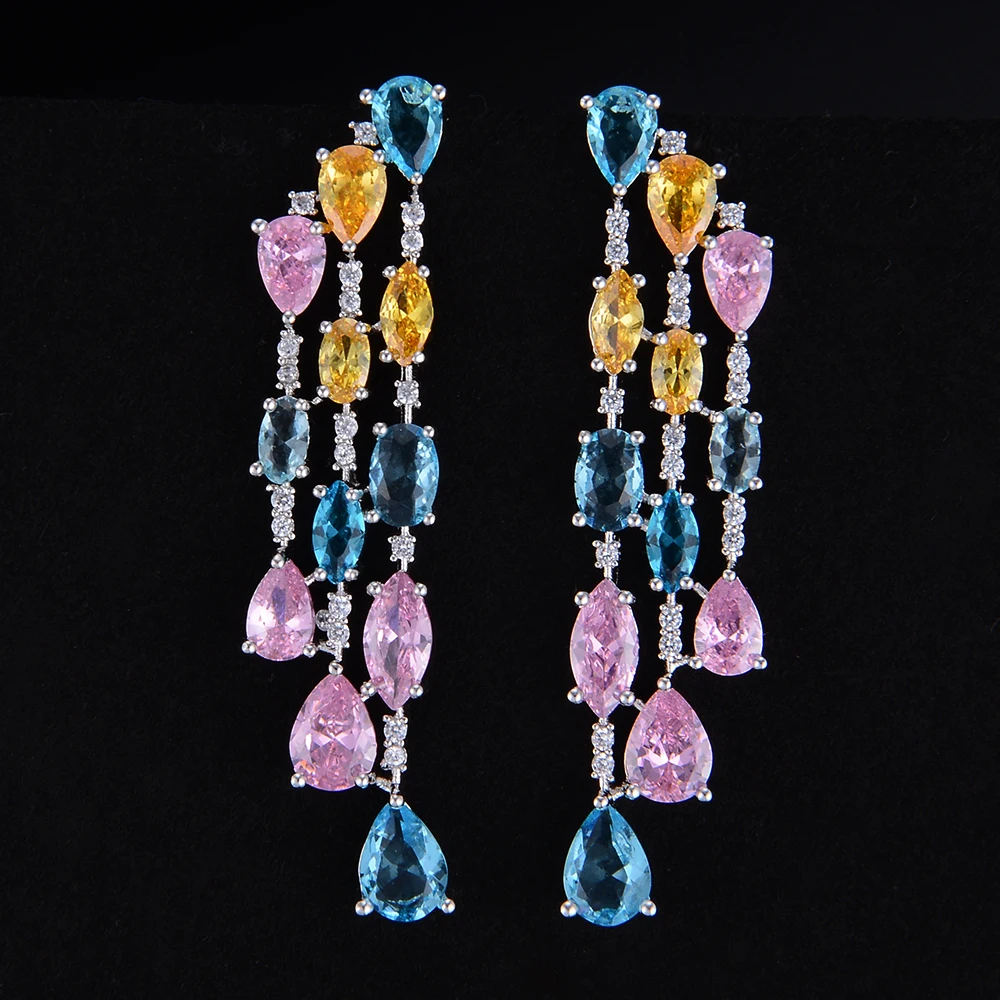 

Multicolor Waterdrop Pendant Cubic Zirconia Tassel Drop Dangle Long Earrings For Women Wedding Bridal Jewelry
