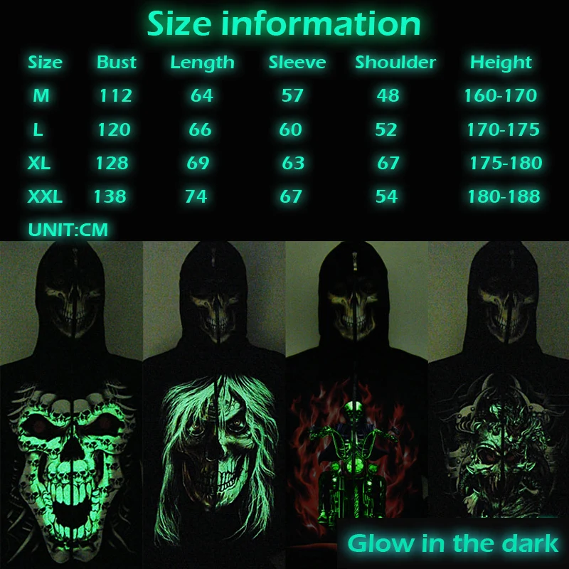 Luminous Skull Hoodie Men Women Sweatshirt Outerwear Male Tops Spring Hooded Jacket Coat Glow In The Dark Clothing  (2)