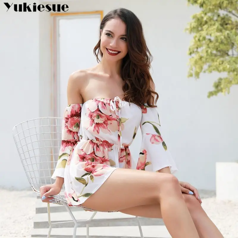 Boho печатных шифоновый с открытми плечами комбинезон женский летний комбинезон женские сексуальные элегантные комбинезоны спецодежда Женское боди