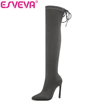 

ESVEVA 2020 Over The Knee Boots Women Shoes Super Thin High Heel Lace Up Motorcycle Boots Pointed Toe Winter Platform Size 34-43