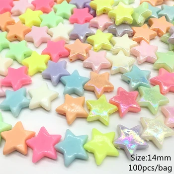

14mm Acrylic rainbow Beads For Jewelry Making Hot Five Star Flat Beads Candy AB Color Beads Pierced 100pcs/bag