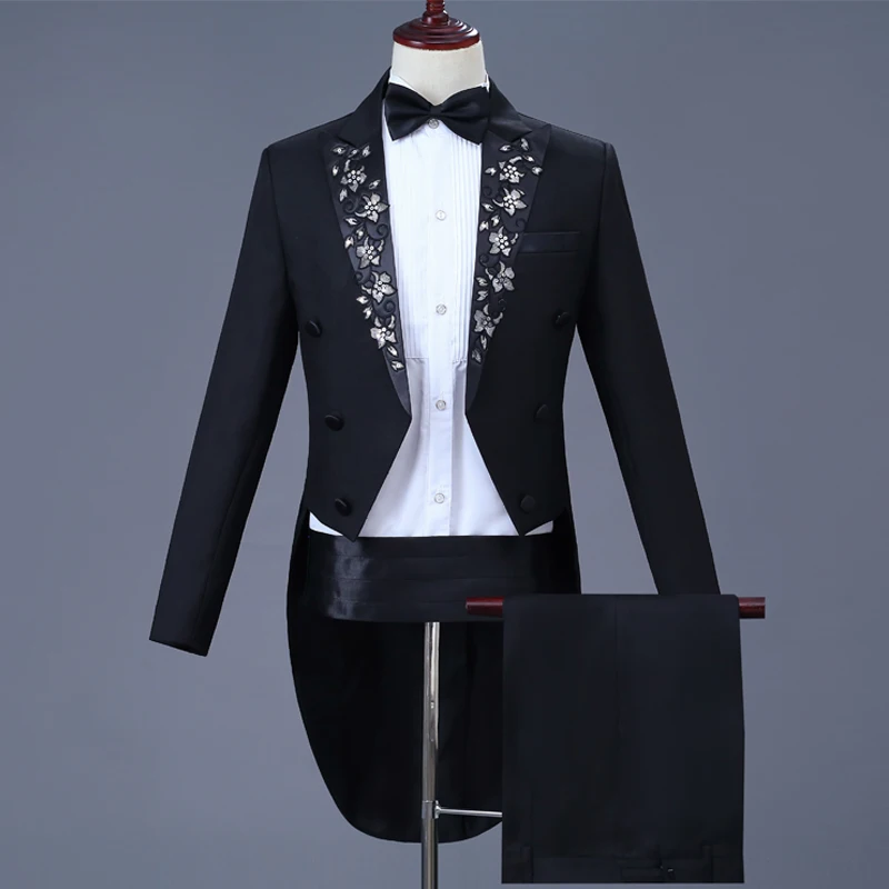 

Tuxedo Embroidery Jackets Blazers Black Suit Long Tail Coat Wedding Night Club Party Clothes Male Formal Set Singer Wear DT772