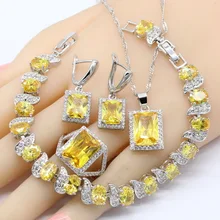 Геометрические желтые фианиты 925 пробы серебряные Ювелирные наборы для женщин браслет серьги ожерелье кулон кольца Подарочная коробка