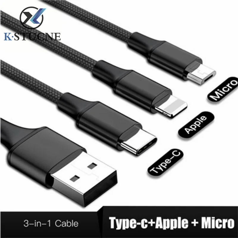 

3 in 1 USB Cable For iPhone Fast Charging Cable For Android Micro USB Type C Type-c 3in1 Mobile Phone Cables Charge Cord