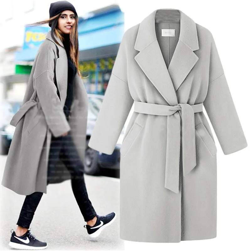 

Autumn Loose Long Woolen Overcoat Winter Coat Women 2019 Belt Wool Coat Elegance Women Abrigos De Mujer