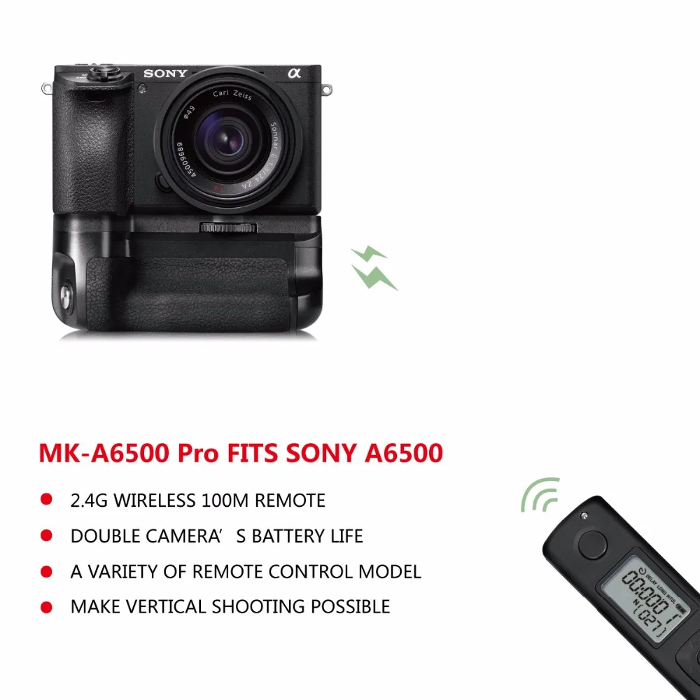 Meike MK-A6500 Pro Батарейная ручка для sony A6500 беззеркальная камера с 2,4G беспроводной 100 м Пульт дистанционного управления