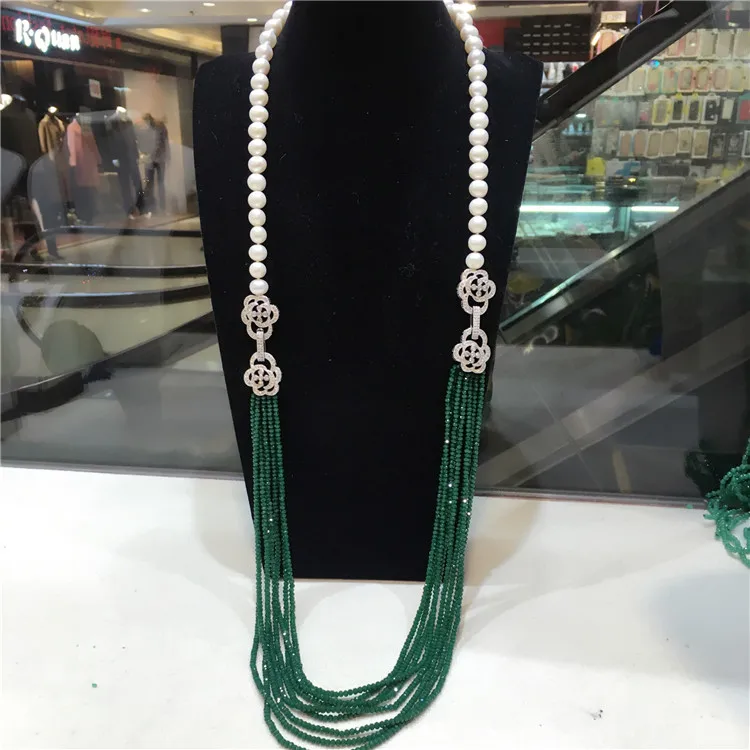 Двойное использование, 9-10 мм, белый пресноводный жемчуг, ожерелье, зеленые бусы, многослойная длинная цепочка на свитер, модное ювелирное изделие