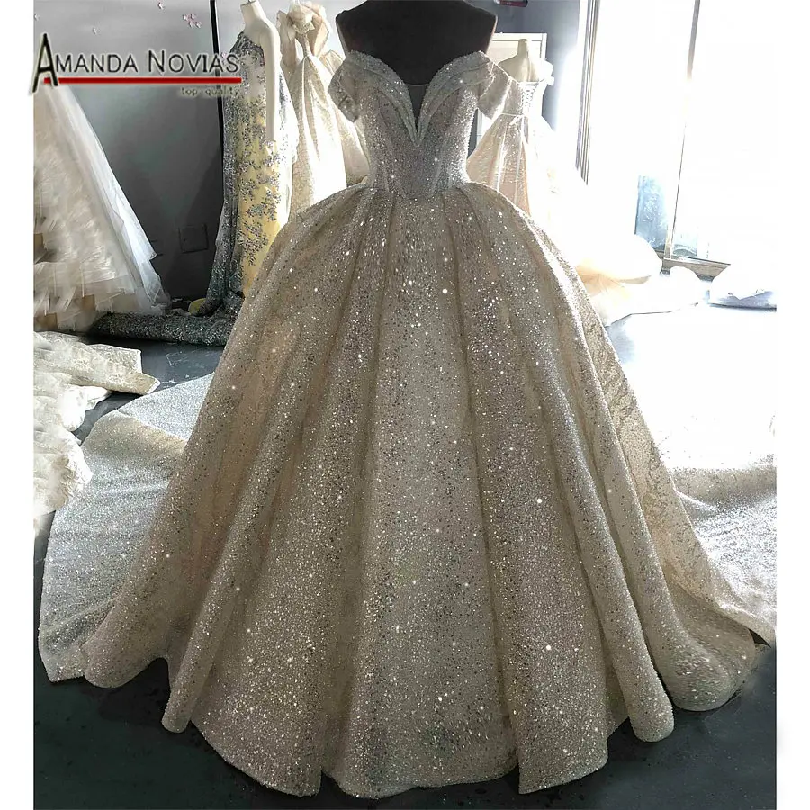 

Top Quality Luxury Long Train Sparky Wedding Dress Full Beading amanda novias