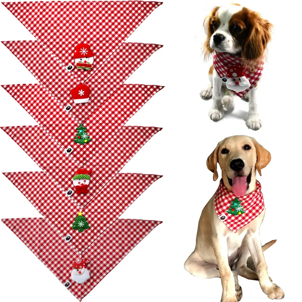 10PCS Christmas Pet Dog Plaid Bandanas Santa Claus Snowman Xmas Tree