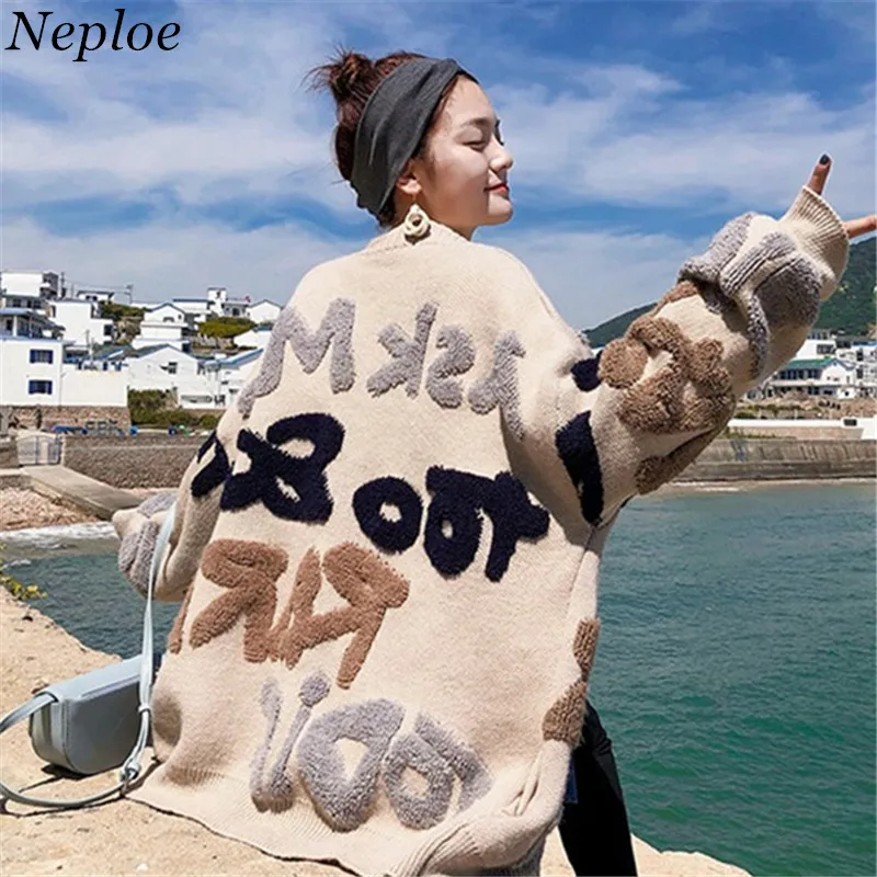 

Neploe 3D Letters Print Women Cardigan Thick Warm Casual Loose Cool Girl Open Stich 2019 Autumn Winter New Fashion Sweater 68864