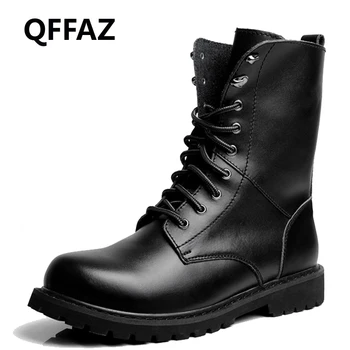 

QFFAZ Genuine Leather Winter Warm Shoes Fashion Men Winter Boot Mid-Calf Boots For Men Male Lace Up botte homme haute Men Boots